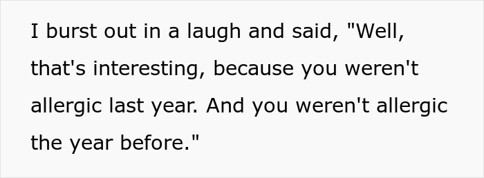 Text showing a statement calling out a woman for pretending to have a food allergy when she wasn’t allergic last year.