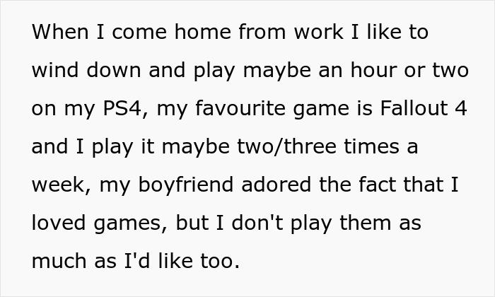 Text about girlfriend playing video games to unwind while boyfriend mocks it as not ladylike on a PS4 console. Text about girlfriend playing video games to unwind while boyfriend mocks it as not ladylike on a PS4 console.