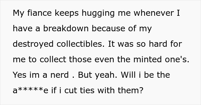 Person contemplating cutting ties with parents after their revenge due to planning a small wedding and family conflict.