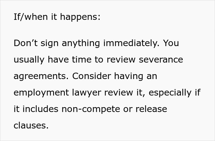 Text advising not to sign severance agreements immediately and to review job safety red flags carefully with a lawyer.