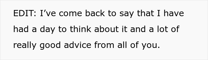 Text on a white background stating someone has reflected after receiving good advice about a Thanksgiving host's empty fridge.