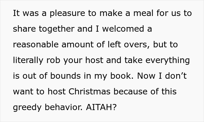 Text about Thanksgiving host left shocked with empty fridge after family clears all leftovers, causing frustration and reluctance to host again.