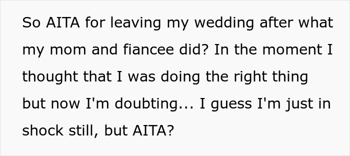 Text post questioning if leaving a wedding after discovering groom cheated with bride’s mom was the right decision. Text post questioning if leaving a wedding after discovering groom cheated with bride’s mom was the right decision.