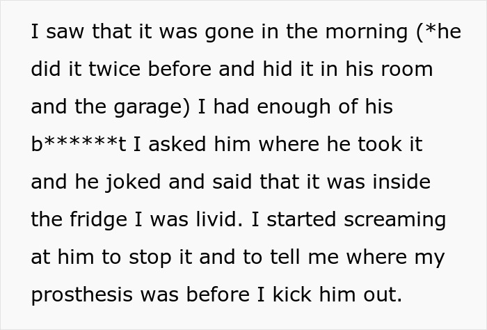 Text excerpt describing a man confronting cousin about a cruel prank involving hiding a prosthesis, showing tension and anger.