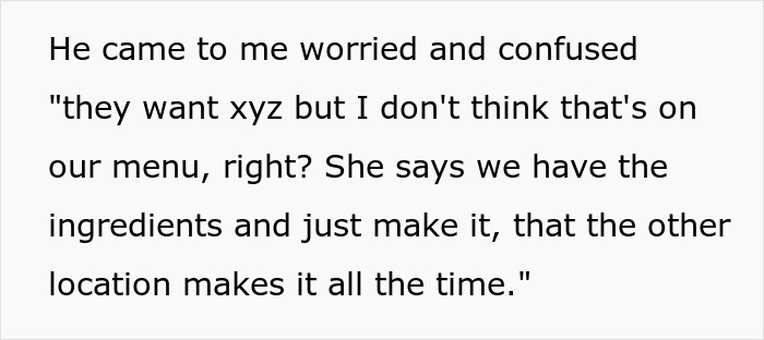 Text of a message describing confusion over menu items as part of an entitled waitress story involving staff serving a revenge dish.