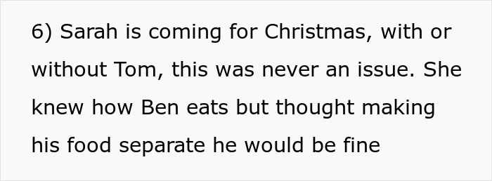 Text excerpt showing a picky eater demanding brother’s in-laws change the Christmas menu to accommodate him. Text excerpt showing a picky eater demanding brother’s in-laws change the Christmas menu to accommodate him.
