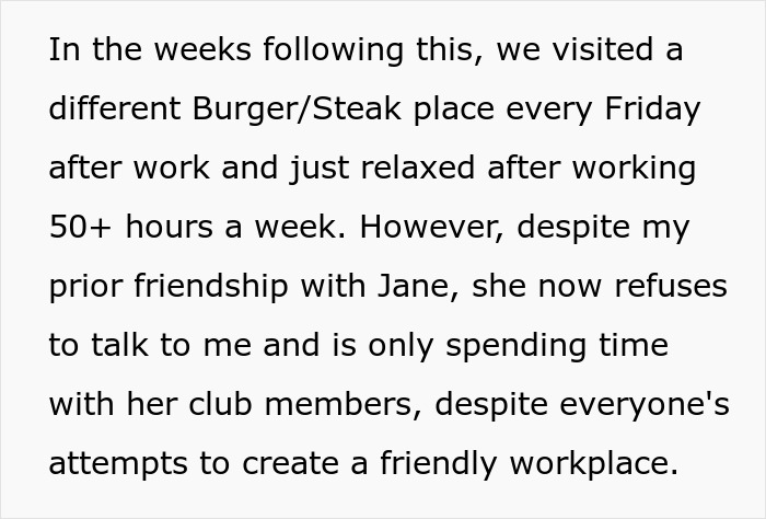 Text describing workplace conflict as employee pushes back against vegan-only club, starting beef in a literal sense.