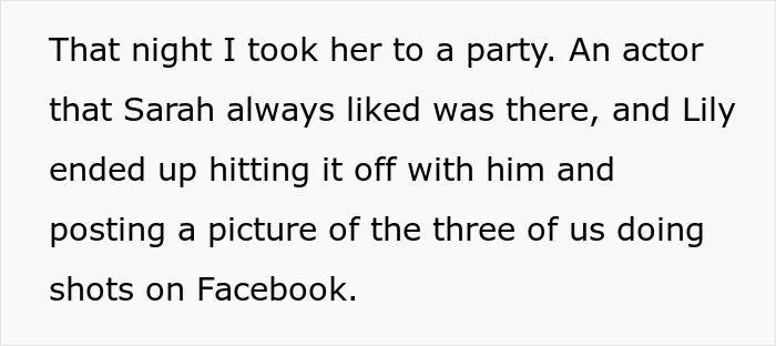 Text excerpt about a party scene involving an actor Sarah liked and Lily posting on Facebook. Text excerpt about a party scene involving an actor Sarah liked and Lily posting on Facebook.