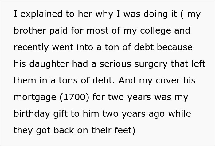 Text explaining reasons for debt and financial struggles related to family mortgage and surgery costs impacting relationship values.