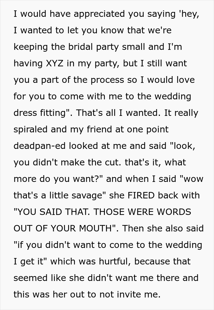 Text excerpt describing a painful friendship wake-up call during a wedding dress fitting and bridal party exclusion.