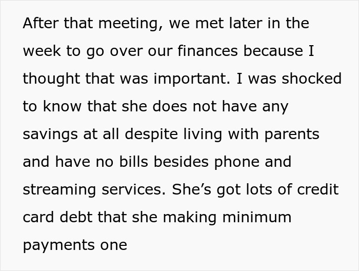 Excerpt of a conversation about finances revealing credit card debt and clashing values before ending relationship over wedding cost demands.