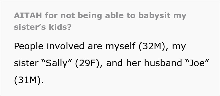 Text excerpt showing a discussion about babysitting sister&rsquo;s kids involving the main individuals and their ages.