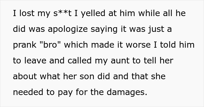Text excerpt showing a man demanding cousin pay for his cruel prank and mentioning the aunt’s shocking reaction. Text excerpt showing a man demanding cousin pay for his cruel prank and mentioning the aunt’s shocking reaction.