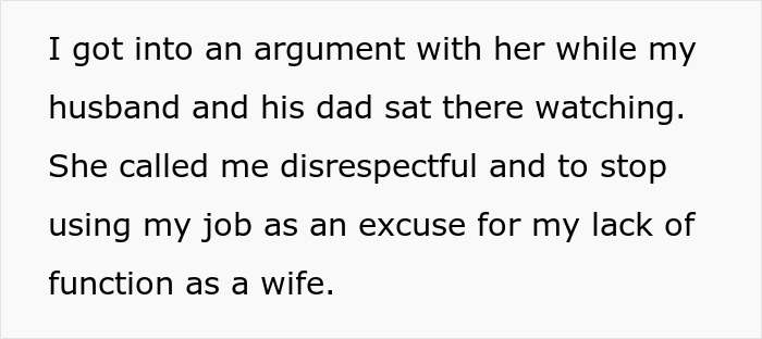 Text excerpt showing a heated argument involving a woman, her husband, and his dad during a family confrontation.