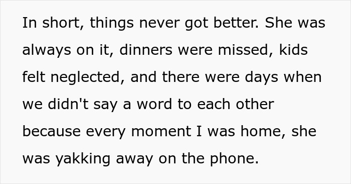 Text excerpt showing a man describing his wife's phone dependence causing family neglect and communication breakdown.