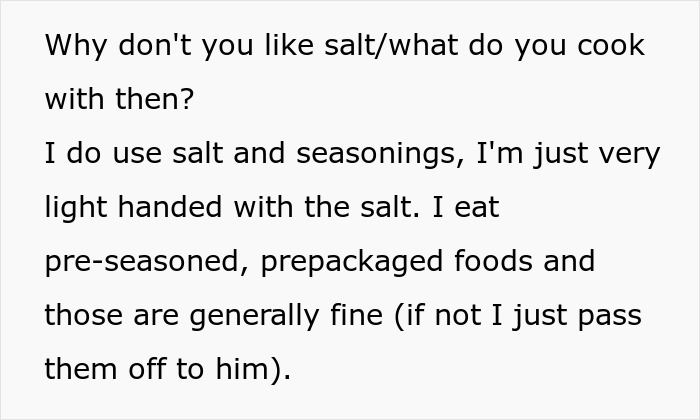 Text conversation discussing salt use in cooking and reactions to seasoned versus unsalted food in a relationship context.