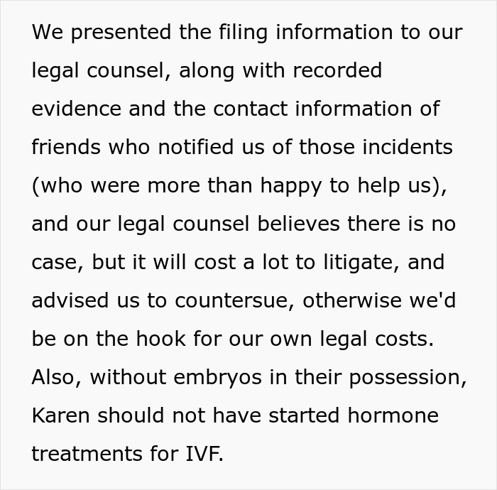 Text excerpt about a couple deciding to destroy their embryos after discovering a friend's true colors and legal challenges involved.