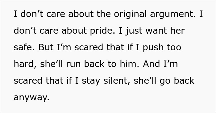 Text excerpt showing a woman’s concern and fear about her safety amid a tense family situation during Thanksgiving dinner. Text excerpt showing a woman’s concern and fear about her safety amid a tense family situation during Thanksgiving dinner.