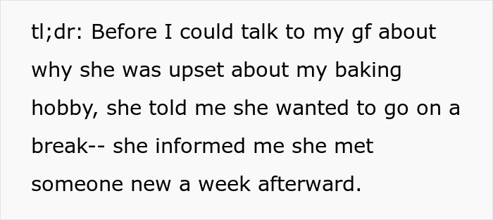 Text excerpt about a woman ending a relationship due to her boyfriend’s passion for pastries leaving no room for her. Text excerpt about a woman ending a relationship due to her boyfriend’s passion for pastries leaving no room for her.