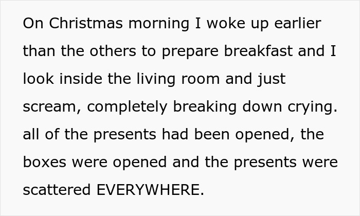 Alt text: Mom wakes up early on Christmas morning to find opened presents and scattered boxes, feeling overwhelmed and emotional.