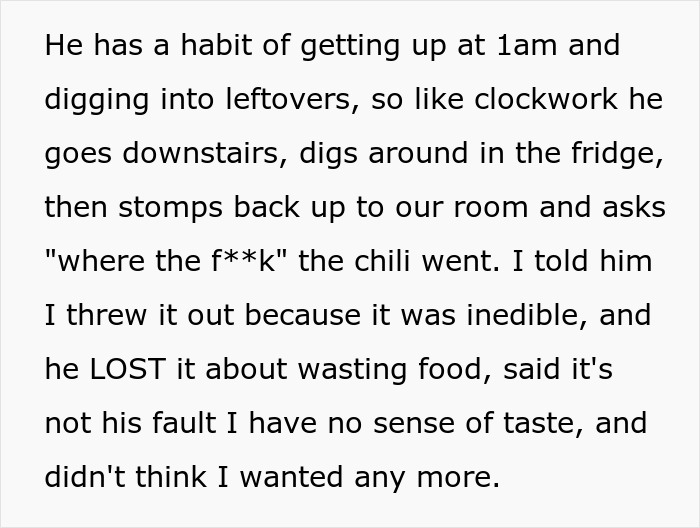 Text excerpt discussing a boyfriend who salts the entire pot of chili, prompting a woman to rethink their relationship.