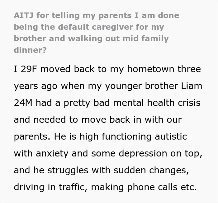 Woman caring for autistic brother faces challenges and demands from entitled parents during family crisis. Woman caring for autistic brother faces challenges and demands from entitled parents during family crisis.