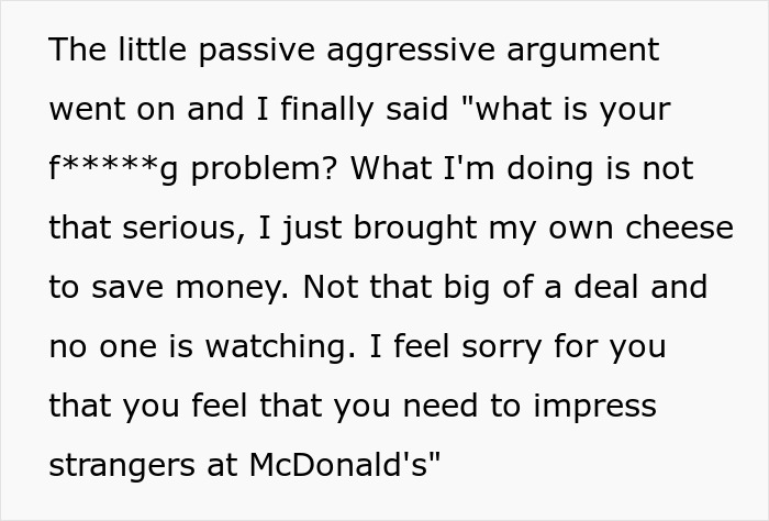 Text excerpt showing a person describing a passive aggressive argument at the McDonald’s drive thru involving true colors revealed.