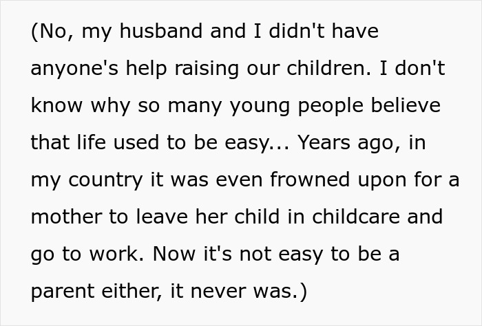 Text excerpt discussing challenges of parenting and refusing taking care of granddaughter for free.