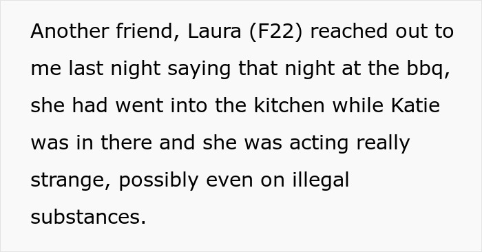 Text excerpt about a friend describing a mentally unstable woman allegedly trying to put gas in bestie's drink at a party