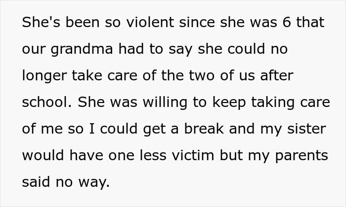 Text describing teen living in fear of his violent sister while parents refuse to believe his feelings or take action. Text describing teen living in fear of his violent sister while parents refuse to believe his feelings or take action.