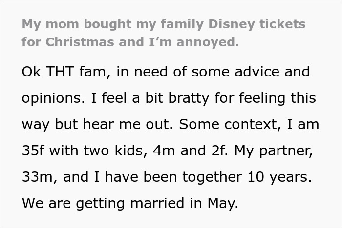 Text post describing frustration as mom forces Disney dream on family with mounting debt and guilt from the gift of tickets. Text post describing frustration as mom forces Disney dream on family with mounting debt and guilt from the gift of tickets.