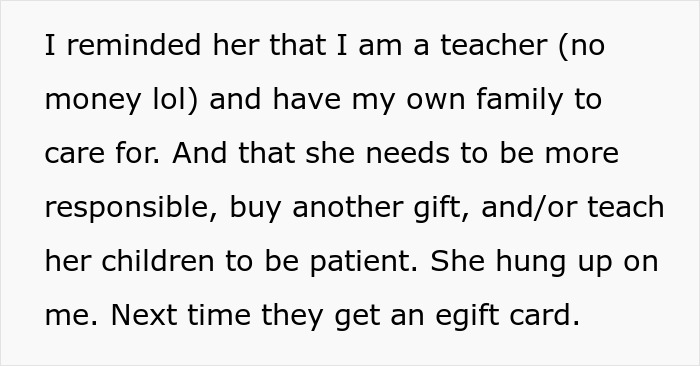 Text message showing a woman thinking she deserves another Christmas gift after opening one early and getting a reality check. Text message showing a woman thinking she deserves another Christmas gift after opening one early and getting a reality check.
