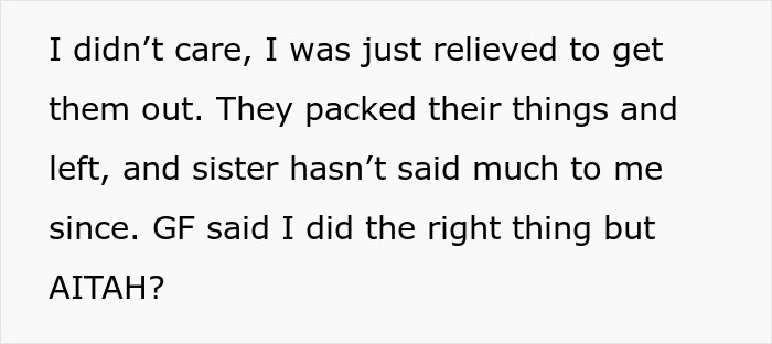 Text post discussing relief after kicking out entitled family members and questioning if the action was justified. Text post discussing relief after kicking out entitled family members and questioning if the action was justified.