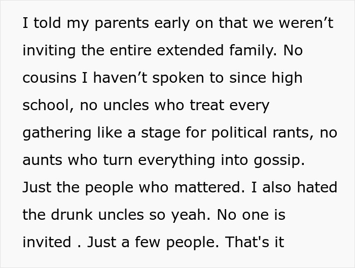 Text excerpt showing a man explaining cutting off parents and family drama while planning a small wedding.