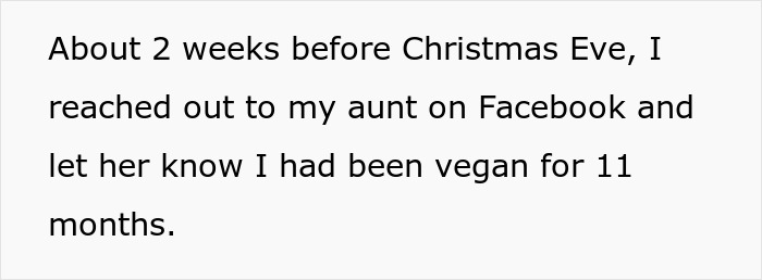 Text on a screen reading about reaching out to family on Facebook about being vegan before facing no vegan options Christmas Eve dinner. Text on a screen reading about reaching out to family on Facebook about being vegan before facing no vegan options Christmas Eve dinner.