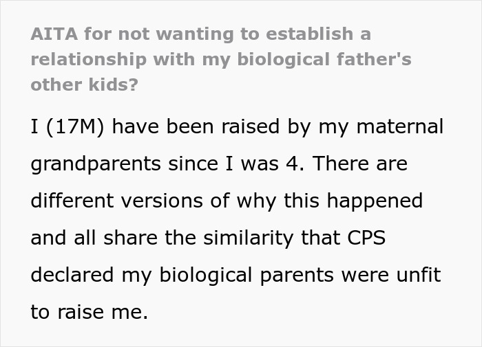 Text excerpt discussing refusing to establish relationship with father's kids, shared personal family background details. Text excerpt discussing refusing to establish relationship with father's kids, shared personal family background details.
