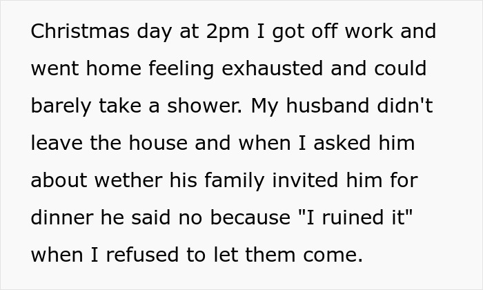 Text post describing exhaustion on Christmas day and conflict over family dinner invitation, related to reheating pizza leftovers for MIL. Text post describing exhaustion on Christmas day and conflict over family dinner invitation, related to reheating pizza leftovers for MIL.