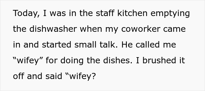 Text excerpt from coworker conversation about being told to stay home and birth babies, feeling conflicted about reporting.