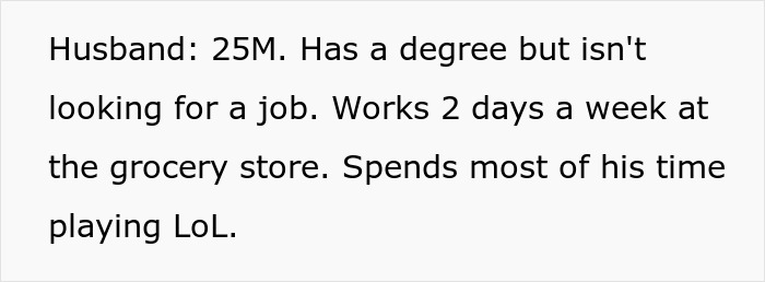 Text describing a husband, 25M, with a degree who works part-time but spends most time playing LoL, highlighting couple’s free Saturday conflict. Text describing a husband, 25M, with a degree who works part-time but spends most time playing LoL, highlighting couple’s free Saturday conflict.