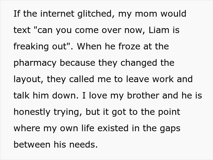 Text excerpt highlighting a woman caring for her autistic brother while managing overwhelming family demands. Text excerpt highlighting a woman caring for her autistic brother while managing overwhelming family demands.