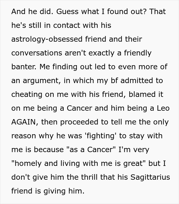 Woman dumps boyfriend for cheating with astrology-obsessed friend, boyfriend blames it on her being a Cancer sign.
