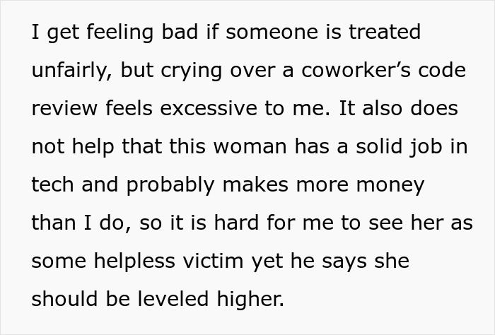 Man in tears over misogyny, female colleague faces unfair treatment, jealous girlfriend finds situation uncomfortable. Man in tears over misogyny, female colleague faces unfair treatment, jealous girlfriend finds situation uncomfortable.