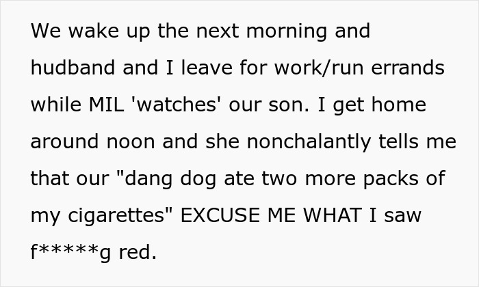 Text excerpt describing a MIL poisoning family dog and causing conflict before being kicked out of the house and life.