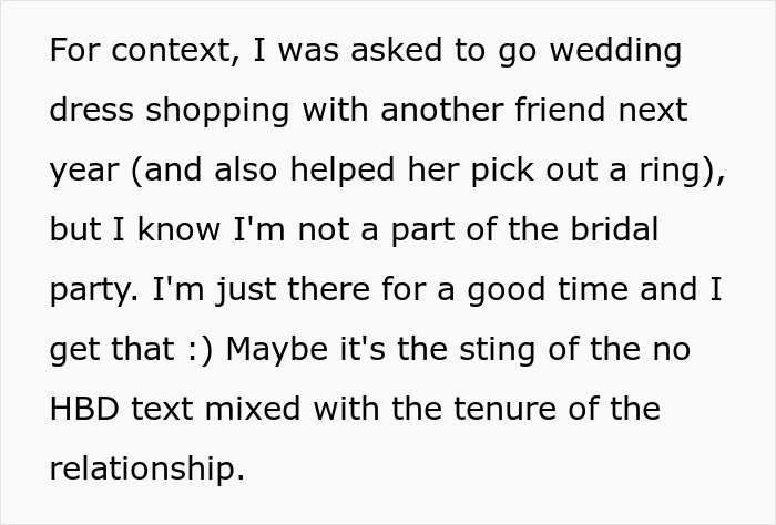 Text excerpt describing a painful friendship wake-up call during a wedding dress shopping trip.