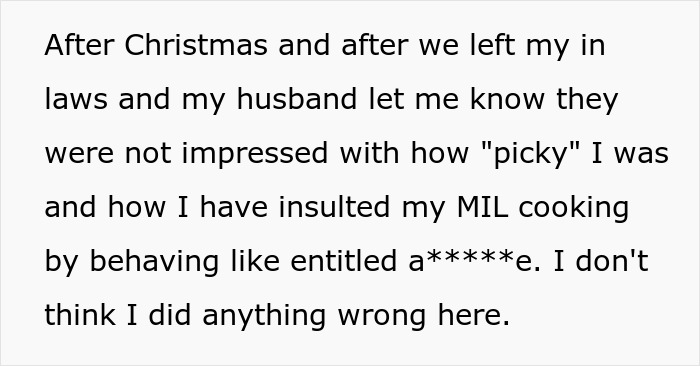 Text about husband and family criticizing woman for being a picky eater with allergies after holiday visit.