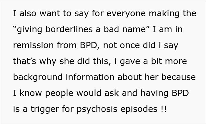 Comment screenshot about BPD remission defending a friend, mentions mentally unstable woman and psychosis triggers