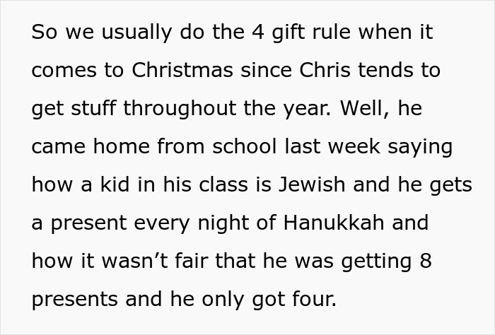 Text excerpt about Hanukkah gifts and a son&rsquo;s tantrum related to being spoiled during family gift rules.