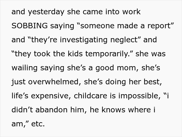 Woman feeling guilty after calling CPS about coworker&rsquo;s 9-year-old child in neglect investigation at workplace.
