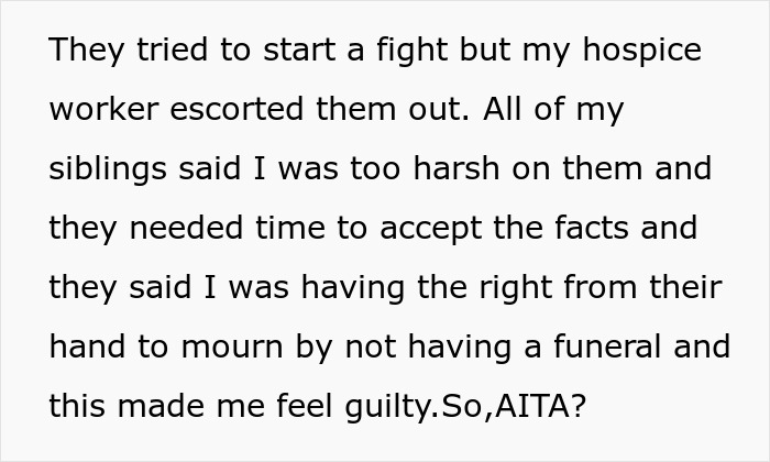 Text about hospice worker escorting family, siblings disagreeing on no funeral causing guilt and hometown reactions. Text about hospice worker escorting family, siblings disagreeing on no funeral causing guilt and hometown reactions.
