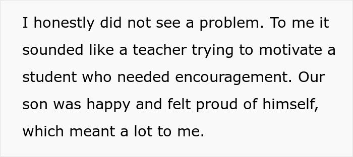 Text excerpt illustrating a parent's perspective on a teacher's note about their son causing family disagreement. Text excerpt illustrating a parent's perspective on a teacher's note about their son causing family disagreement.